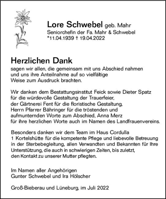 Traueranzeige von Lore Schwebel von vrm-trauer Odenwälder Echo