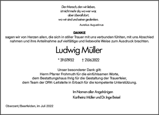 Traueranzeige von Ludwig Müller von vrm-trauer Odenwälder Echo