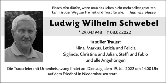Traueranzeige von Ludwig Wilhelm Schwebel von vrm-trauer Darmstädter Echo