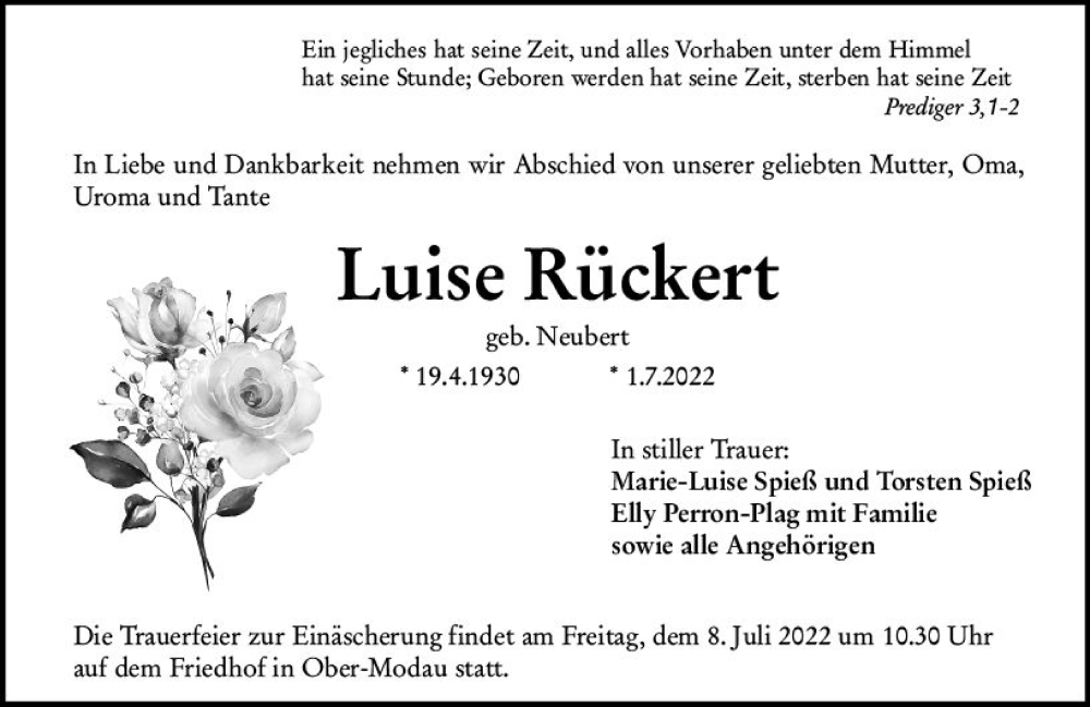  Traueranzeige für Luise Rückert vom 06.07.2022 aus vrm-trauer Darmstädter Echo
