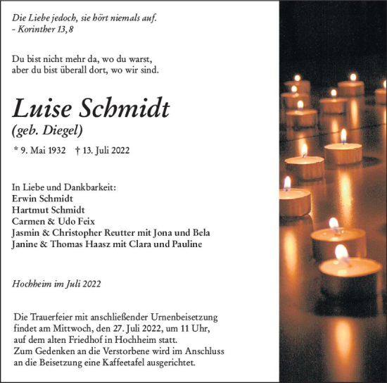 Traueranzeige von Luise Schmidt von vrm-trauer Hochheimer Zeitung