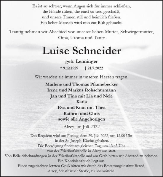 Traueranzeige von Luise Schneider von vrm-trauer Allgemeine Zeitung Alzey