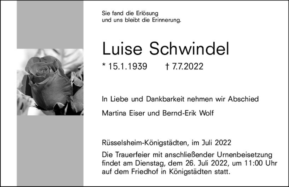  Traueranzeige für Luise Schwindel vom 16.07.2022 aus vrm-trauer Rüsselsheimer Echo / MainSpitze