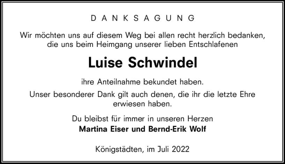  Traueranzeige für Luise Schwindel vom 30.07.2022 aus vrm-trauer Rüsselsheimer Echo / MainSpitze