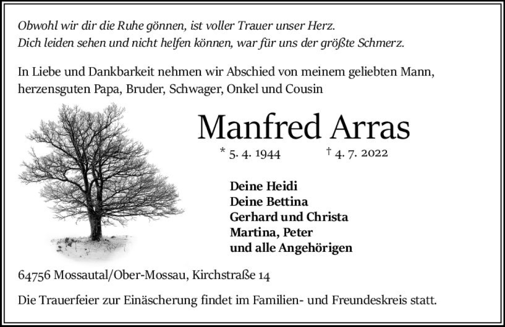  Traueranzeige für Manfred Arras vom 09.07.2022 aus vrm-trauer Odenwälder Echo