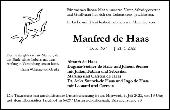 Traueranzeige von Manfred de Haas von vrm-trauer Darmstädter Echo