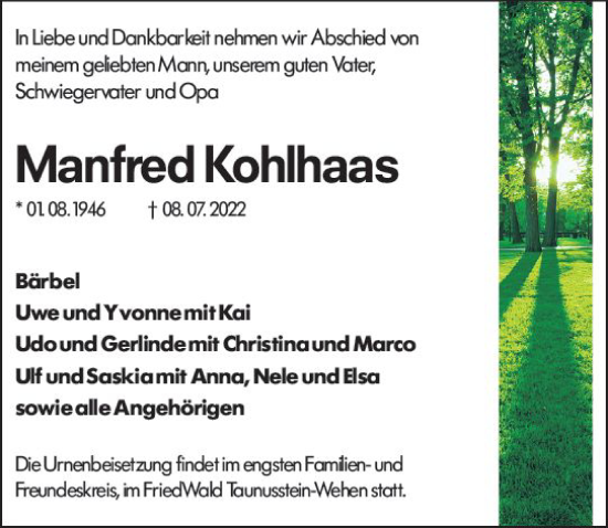 Traueranzeige von Manfred Kohlhaas von vrm-trauer Wiesbadener Kurier