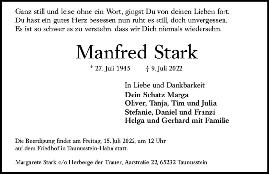 Traueranzeige von Manfred Stark von vrm-trauer WK-UTA