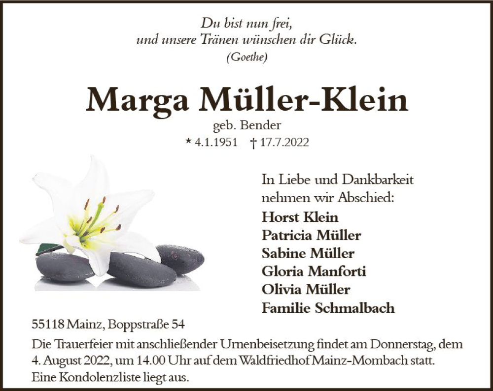  Traueranzeige für Marga Müller-Klein vom 30.07.2022 aus vrm-trauer AZ Mainz