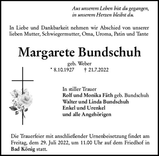 Traueranzeige von Margarete Bundschuh von vrm-trauer Odenwälder Echo