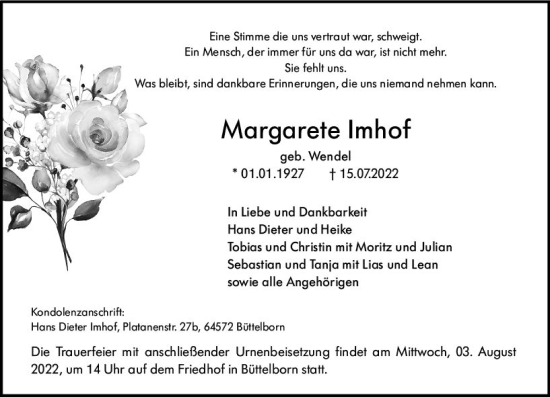 Traueranzeige von Margarete Imhof von vrm-trauer Groß-Gerauer Echo