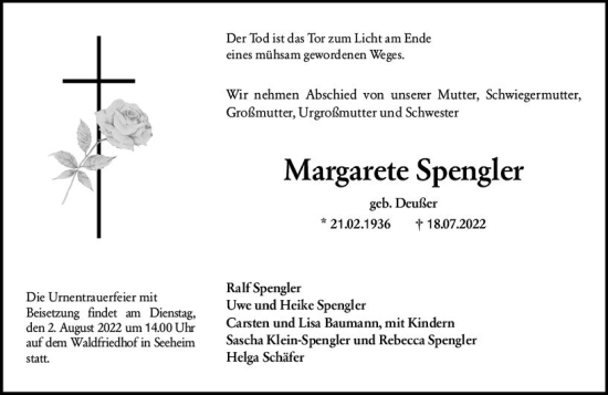 Traueranzeige von Margarete Spengler von vrm-trauer Darmstädter Echo