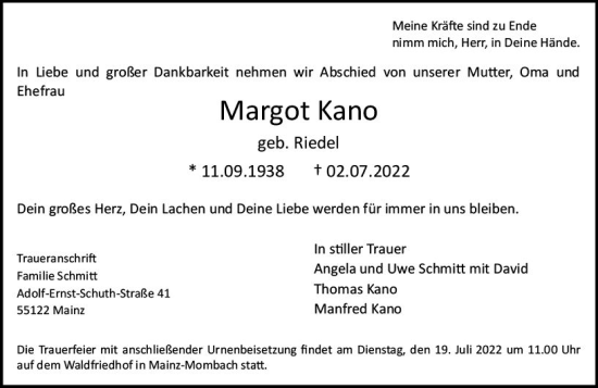 Traueranzeige von Margot Kano von vrm-trauer AZ Mainz