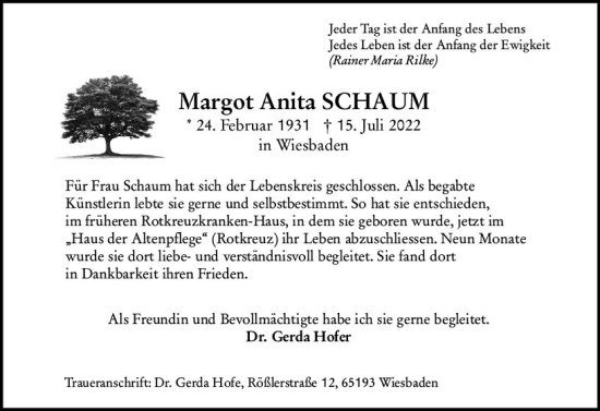 Traueranzeige von Margot Anita Schaun von vrm-trauer Wiesbadener Kurier
