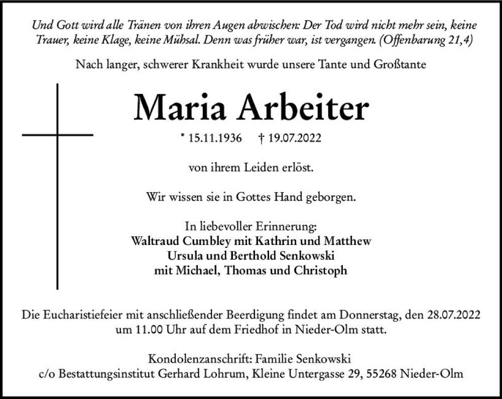  Traueranzeige für Maria Arbeiter vom 23.07.2022 aus vrm-trauer AZ Mainz