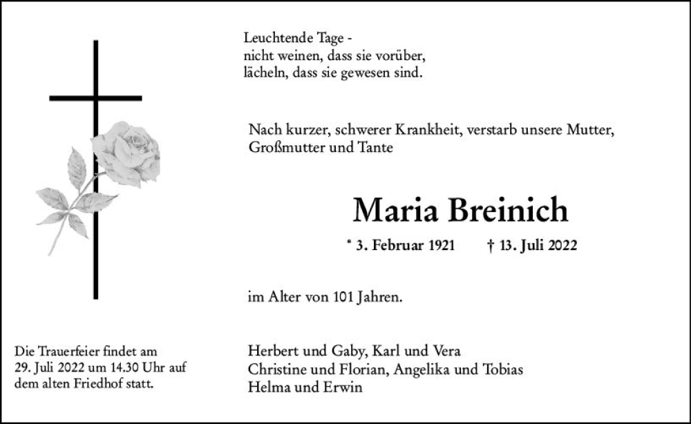  Traueranzeige für Maria Breinich vom 22.07.2022 aus vrm-trauer Hochheimer Zeitung