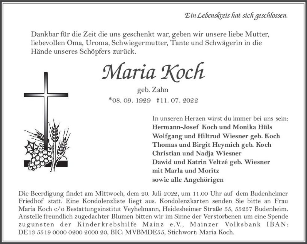  Traueranzeige für Maria Koch vom 16.07.2022 aus vrm-trauer AZ Mainz