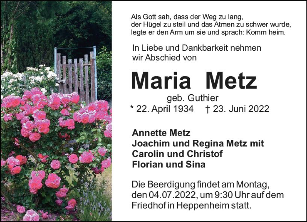  Traueranzeige für Maria Metz vom 02.07.2022 aus vrm-trauer Bürstädter/Lamperth. Ztg/Starkenburger