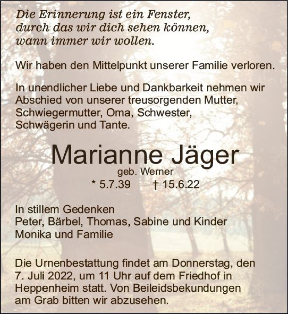  Traueranzeige für Marianne Jäger vom 02.07.2022 aus vrm-trauer Bürstädter/Lamperth. Ztg/Starkenburger
