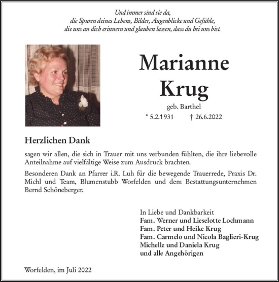 Traueranzeige von Marianne Krug von vrm-trauer Groß-Gerauer Echo