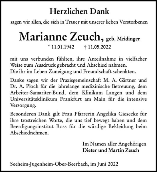 Traueranzeige von Marianne Zeuch von vrm-trauer Darmstädter Echo
