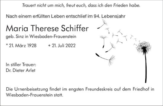 Traueranzeige von Maria Therese Schiffer von vrm-trauer Wiesbadener Kurier