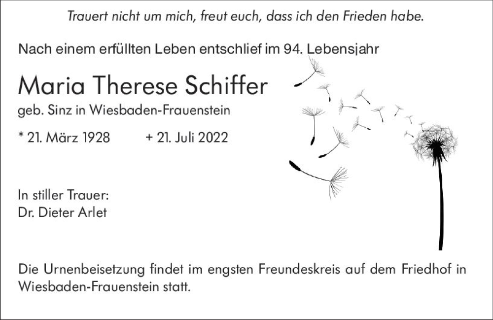  Traueranzeige für Maria Therese Schiffer vom 30.07.2022 aus vrm-trauer Wiesbadener Kurier
