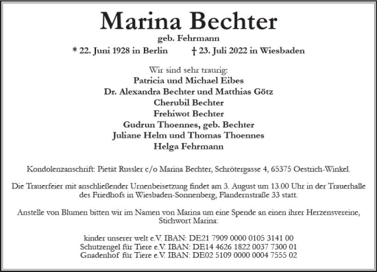 Traueranzeige von Marina Bechter von vrm-trauer Wiesbadener Kurier