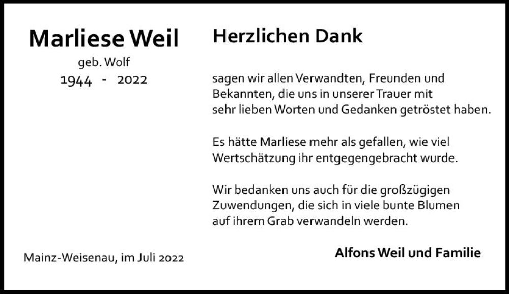  Traueranzeige für Marliese Weil vom 16.07.2022 aus vrm-trauer AZ Mainz