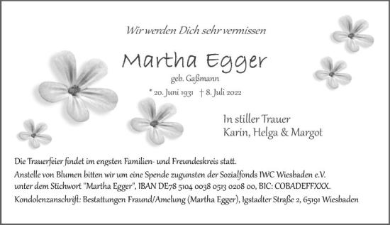 Traueranzeige von Martha Egger von vrm-trauer Wiesbadener Kurier