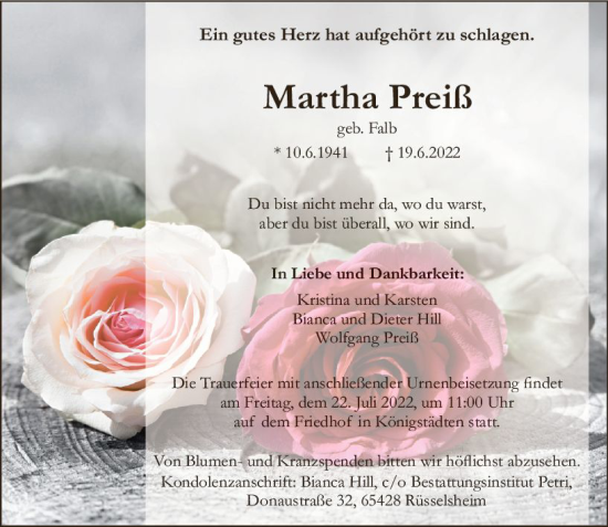 Traueranzeige von Martha Preiß von vrm-trauer Rüsselsheimer Echo / MainSpitze