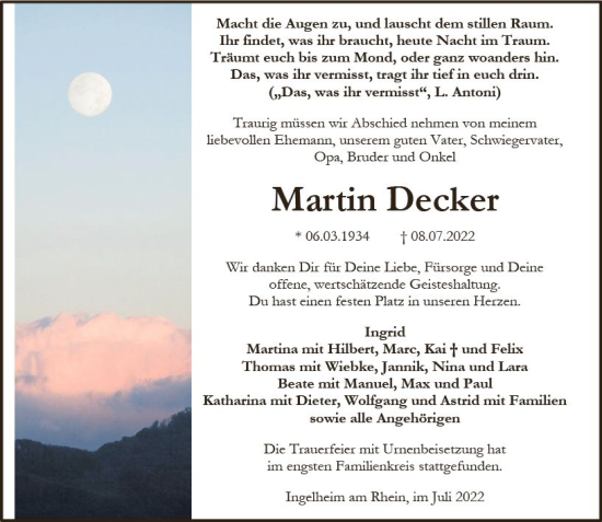 Traueranzeige von Martin Decker von vrm-trauer Allgemeine  Zeitung Ingelheim-Bingen