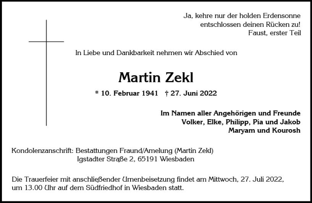  Traueranzeige für Martin Zekl vom 16.07.2022 aus vrm-trauer Wiesbadener Kurier
