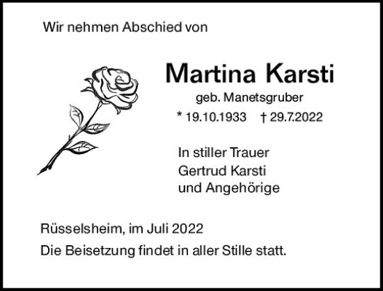 Traueranzeige von Martina Karsti von vrm-trauer Rüsselsheimer Echo / MainSpitze