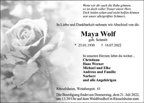 Traueranzeige von Maya Wolf von vrm-trauer Rüsselsheimer Echo / MainSpitze