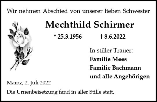 Traueranzeige von Mechthild Schirmer von vrm-trauer AZ Mainz