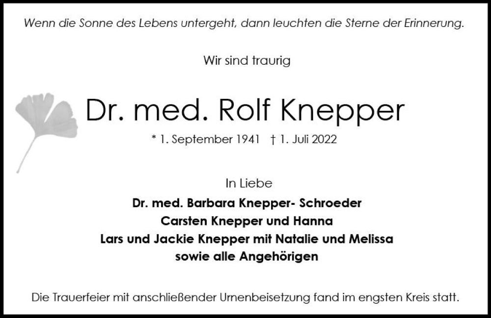  Traueranzeige für med. Rolf Knepper vom 16.07.2022 aus vrm-trauer WK-UTA