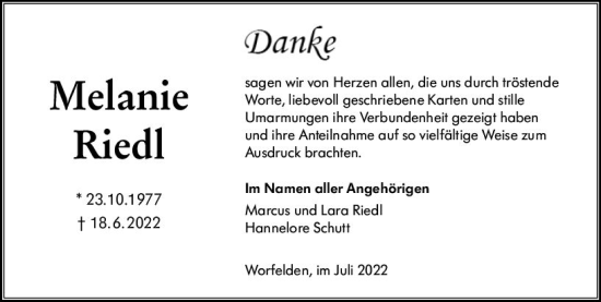 Traueranzeige von Melanie Riedl von vrm-trauer Groß-Gerauer Echo
