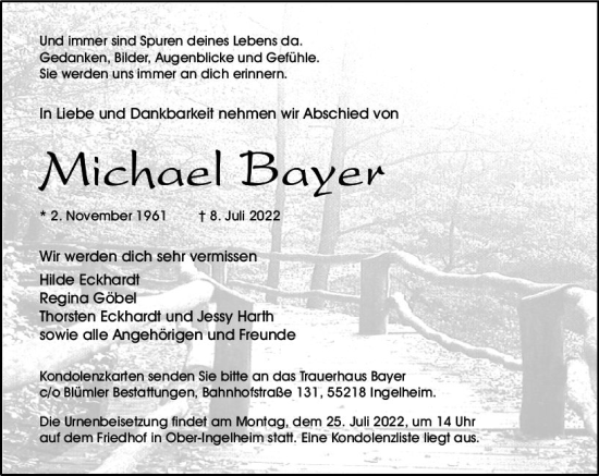 Traueranzeige von Michael Bayer von vrm-trauer Allgemeine  Zeitung Ingelheim-Bingen