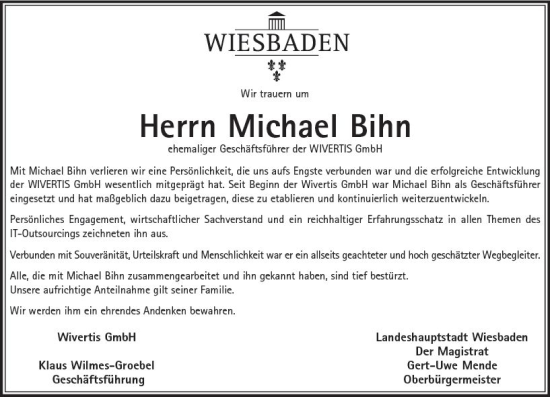 Traueranzeige von Michael Bihn von vrm-trauer Wiesbadener Kurier