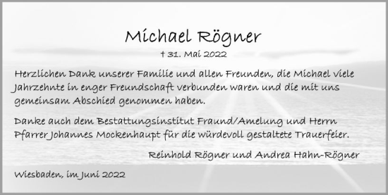 Traueranzeige von Michael Rögner von vrm-trauer Wiesbadener Kurier