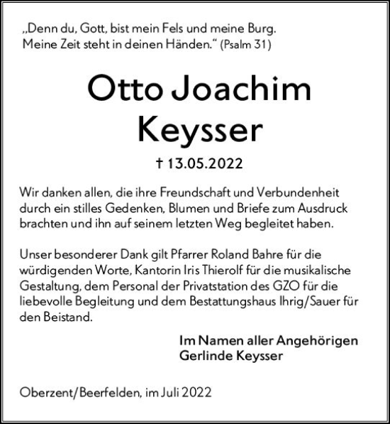Traueranzeige von Otto Joachim Keysser von vrm-trauer Odenwälder Echo