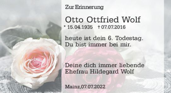 Traueranzeige von Otto Ottfried Wolf von vrm-trauer AZ Mainz