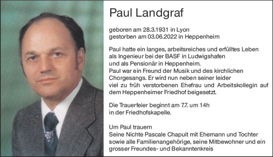 Traueranzeige von Paul Landgraf von vrm-trauer Bürstädter/Lamperth. Ztg/Starkenburger
