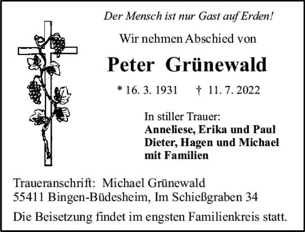  Traueranzeige für Peter Grünewald vom 16.07.2022 aus vrm-trauer Allgemeine  Zeitung Ingelheim-Bingen
