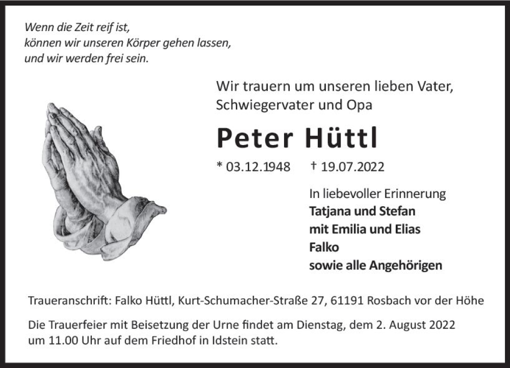  Traueranzeige für Peter Hüttl vom 30.07.2022 aus vrm-trauer Idsteiner Zeitung