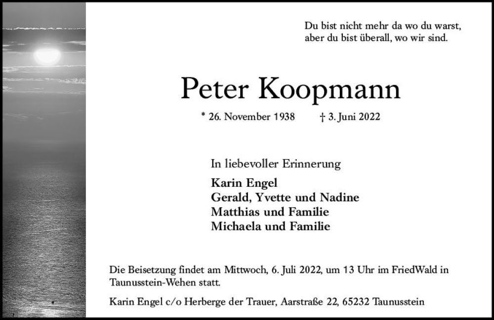  Traueranzeige für Peter Koopmann vom 02.07.2022 aus vrm-trauer Wiesbadener Kurier