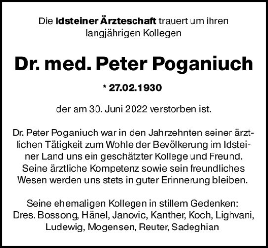 Traueranzeige von Peter Poganiuch von vrm-trauer Idsteiner Zeitung