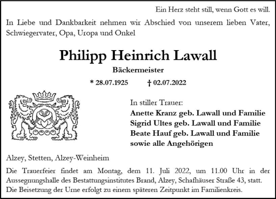 Traueranzeige von Philipp Heinrich Lawall von vrm-trauer Allgemeine Zeitung Alzey