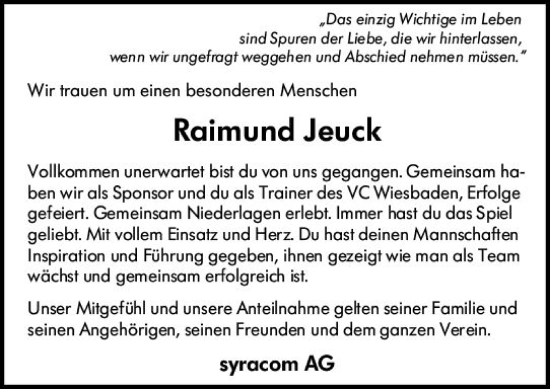 Traueranzeige von Raimund Jeuck von vrm-trauer Wiesbadener Kurier